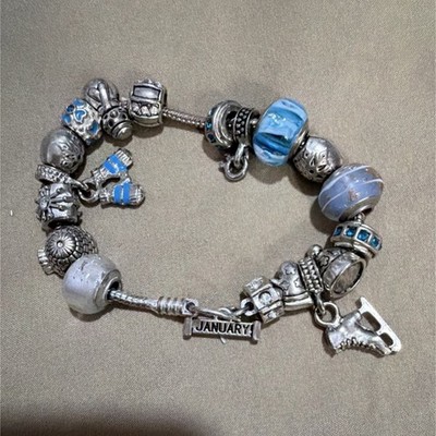 silver tone snake chain charm bracelet blue glass beads winter dangle adjustable