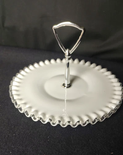Vintage Fenton Milk Glass Crest 1-Tier Tidbit Server Tray W/Ruffled Edge No Mark