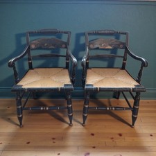Pair Ethan Allen Hitchcock Armchairs Eagle Back Rush Seats Federal Black Gold
