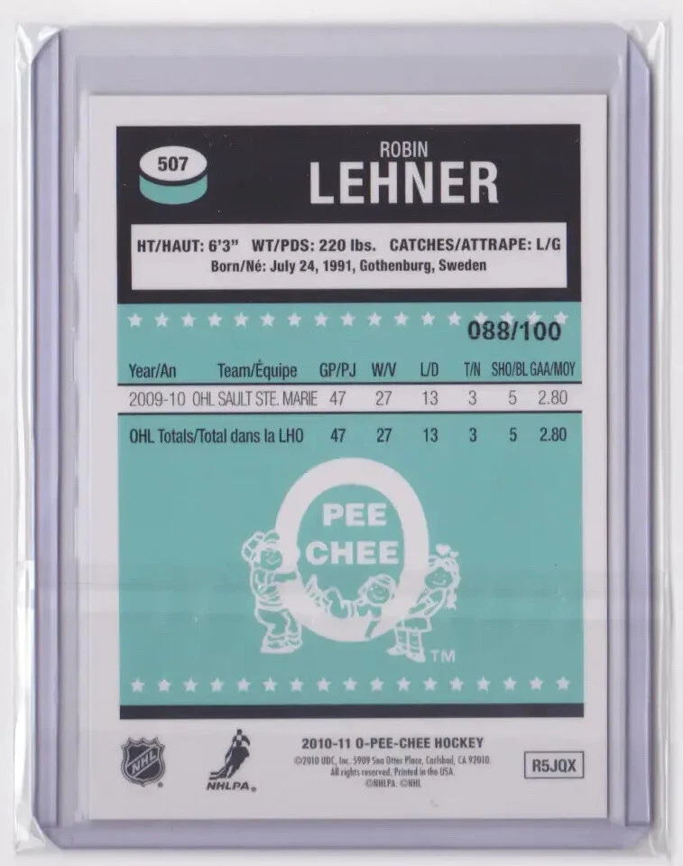 2010-11 O-PEE-CHEE RETRO RAINBOW ROOKIE BLACK 88/100 ROBIN LEHNER #507 SENATORS - Image 2 of 2