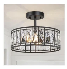 LNC12.5 in. 2-Light Industrial Modern Black Drum Semi Flush Mount Light