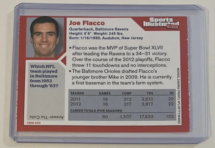 Joe Flacco Rare Baltimore Ravens #221 NFL Sports Illustrated for Kids SI - Image 2 of 2