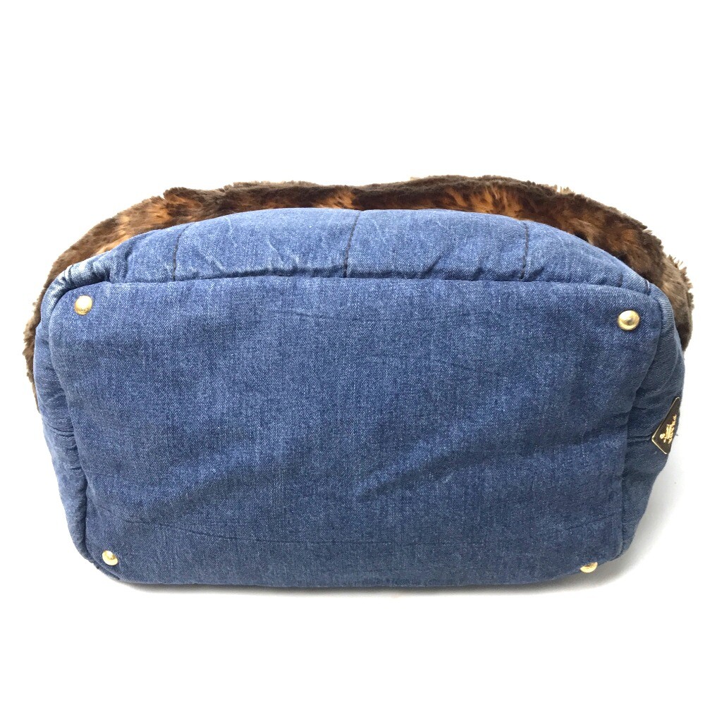 PRADA Denim with fur Hand Bag Tote Bag blue/Brown Denim/Faux