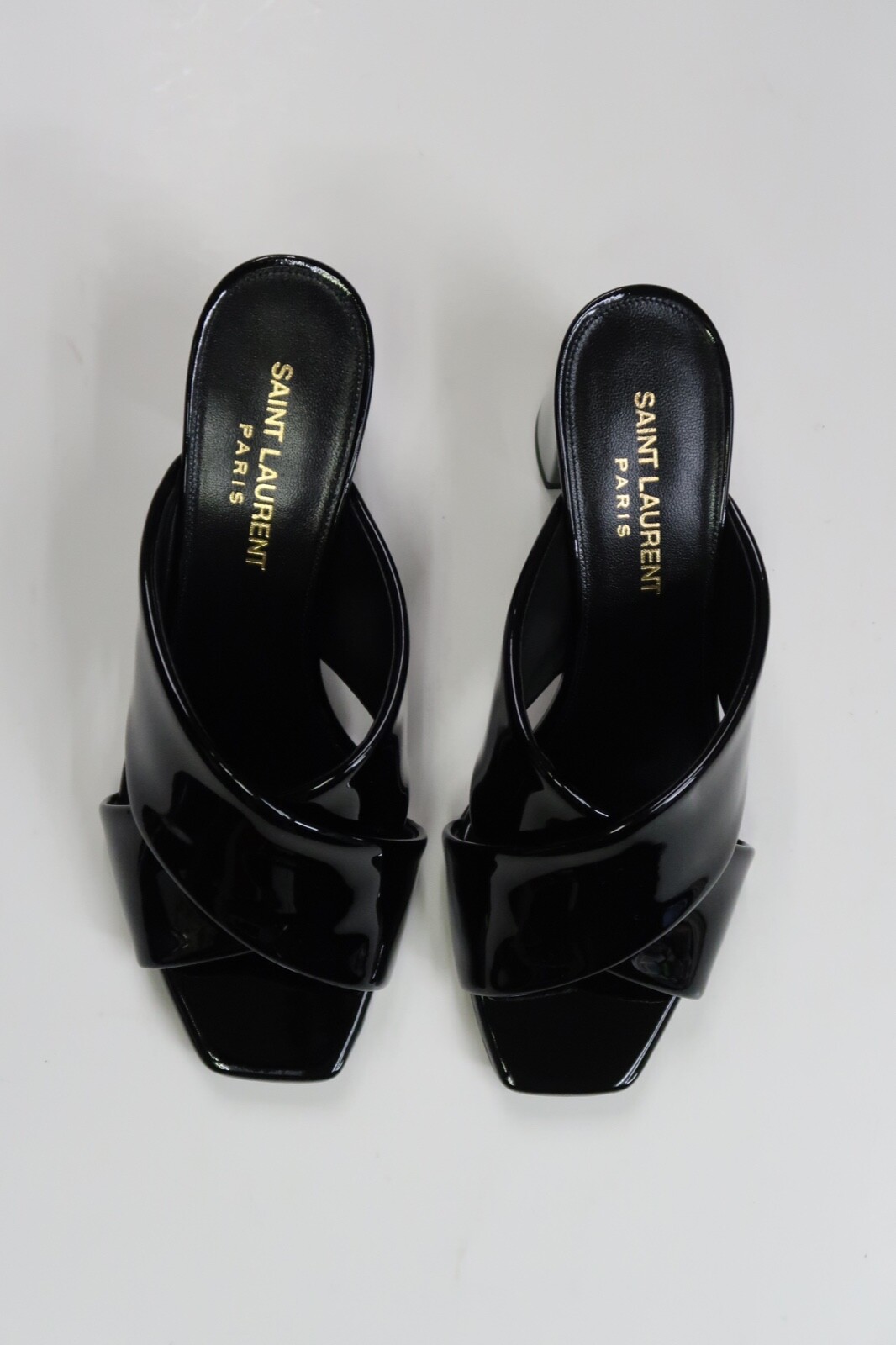 YSL SAINT LAURENT Loulou Mule sandalo nero vernice tacco medio taglia 35 NUOVO