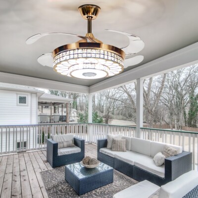 42'' Bluetooth Retractable Ceiling Fan Music Light Remote 3-Color LED Chandelier