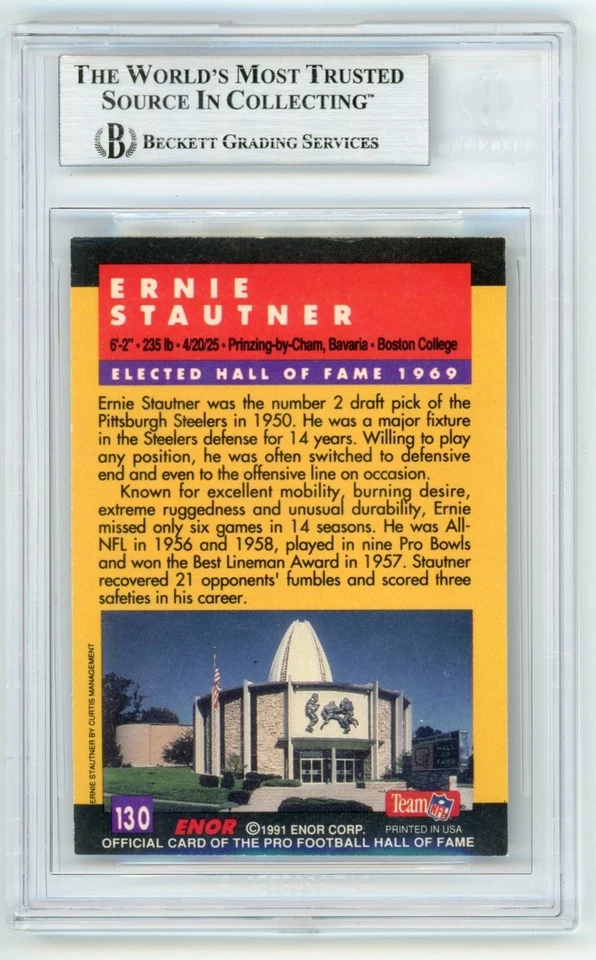 Ernie Stautner Signed 1991 ENOR Pro Football HOF #130 Card (Beckett) Steelers - Image 2 of 2