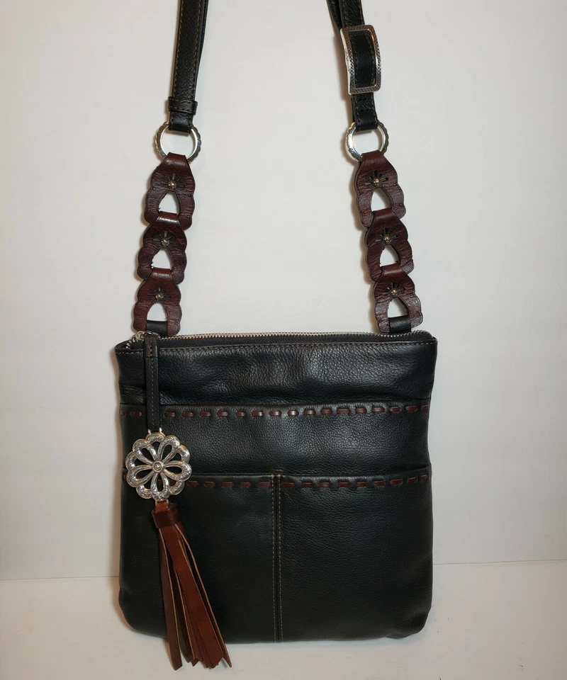 BRIGHTON "KODA BLACK & BROWN SOFT LEATHER CROSS BODY TASSEL POCKETS GALORE EXPOC