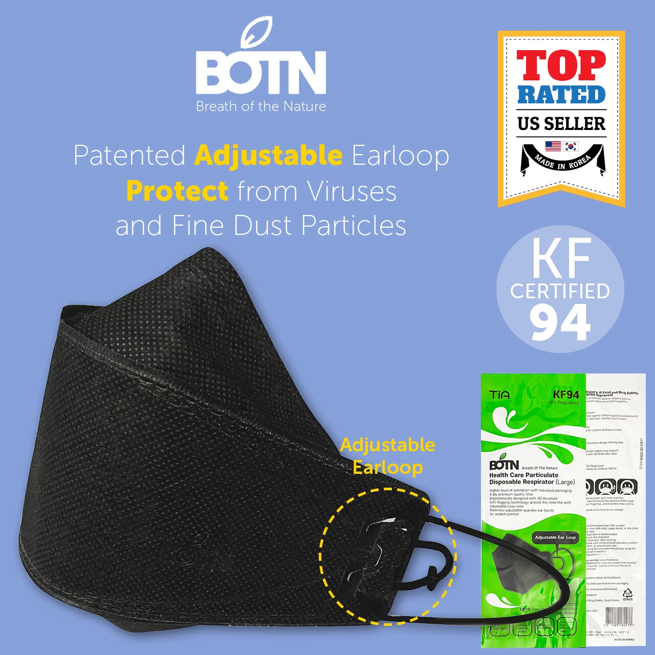 10 PCS KF94 BLACK Protective Face Mask Adult Large Korea KFDA Approved BOTN
