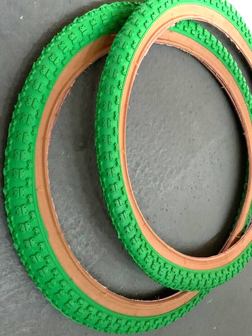 PAIR (2PCS) GREEN/GUM WALL  BICYCLE TIRES 20" x 1.75  BMX MTB BIKES