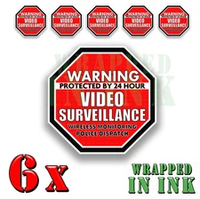 Warning 24 hour Video Surveillance Security Stickers RED OCT. Decal 6 PACK 3"
