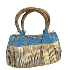 Serpui Marie Wicker Handbag With Blue Leather Rhinestone Floral & Gold Fringe