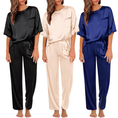 Pack Women Pajama Set Short Sleeve Pants Nightwear Top Bottom Satin  Sleepwear
