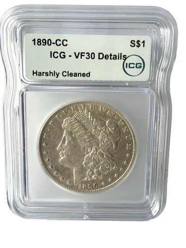 1890-CC Morgan Silver Dollar Silver Coin, ICG VF-30 Details