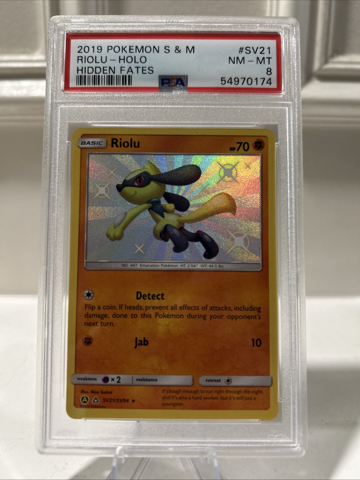 PSA Grade NM-MT 8 - Riolu SV21/SV94 Hidden Fates: Scarlet & Violet Holo