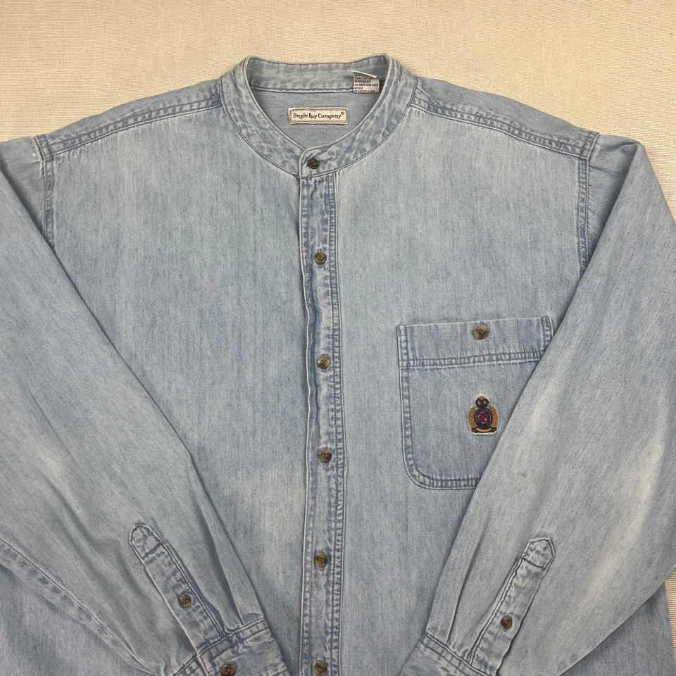 VTG Bugle Boy Company Shirt Mens XL Light Blue Denim Band Collar Button Crest - Image 3 of 4