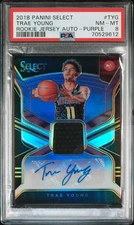 PSA 8 2018 Panini Select Rookie Jersey Autographs Trae Young Purple RC /99 #TYG