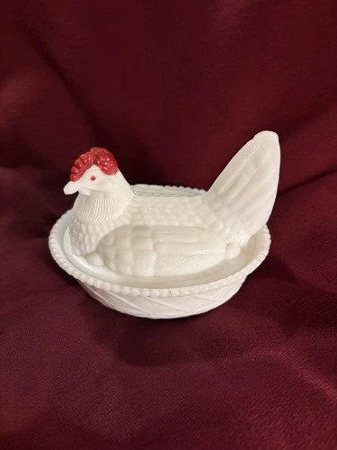 Westmoreland Hen on Nest Lidded Dish Vintage Split Tail Milk Glass Red Comb Eye