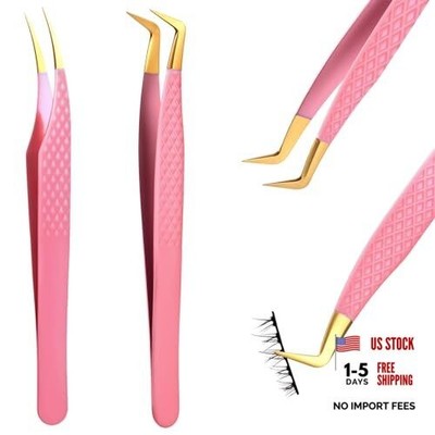 TIESOME Lash Tweezers for Eyelash Extensions, 2 PCS Pink Stainless Steel