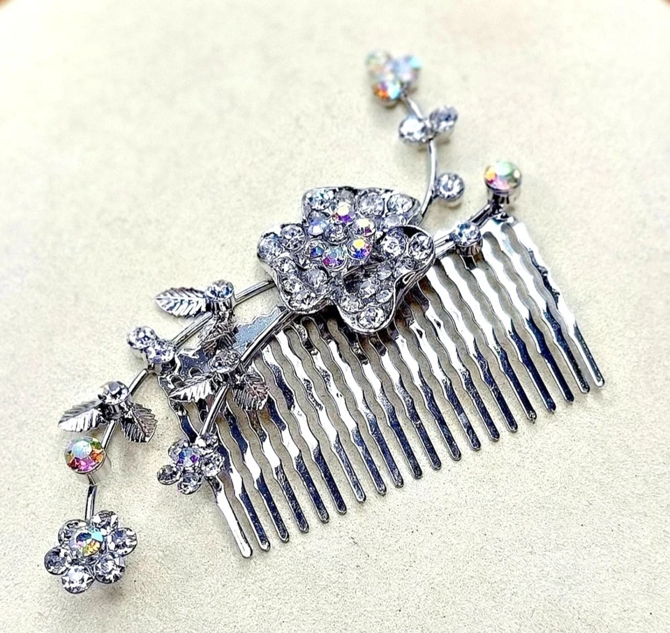 Peine de pelo formal nupcial de metal floral con estrás AB Foto 3 de 4