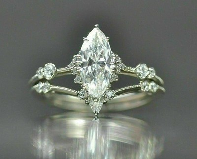 2Ct Marquise Lab Created Diamond Bridal Engagement Ring 14K White Gold Plated