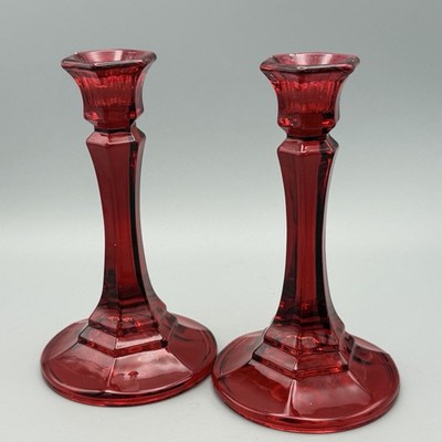 Pair Vintage Indiana Depression Glass Ruby Red Candle sticks Holders  6''