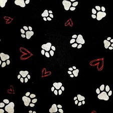 Fat Quarter White Paw Prints on Black with Red Hearts 100% Cotton Fabric 18 inch