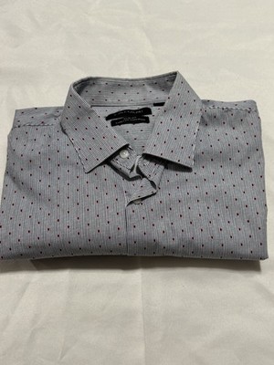 Tahari Slim Fit Stretch Non-Iron Dress Shirt Gray Red Dot Pattern 16 32/33