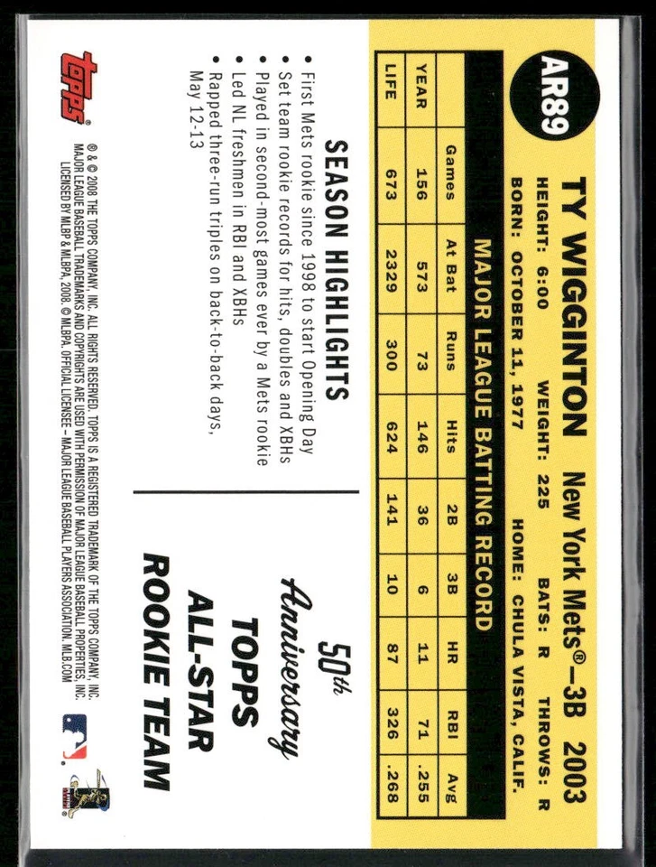 2008 Topps #AR89 Ty Wigginton All-Rookie Team 50th Anniversary {Mets} - Image 2 of 2