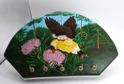Handpainted key holder wood has beautiful vibrant bird /flowers artist B. Nymick