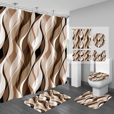 Bathroom Set 4 PCS Brown Shower Curtain Rugs Abstract Striped Modern Luxury