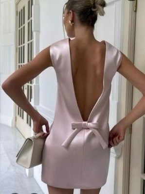 NWT Commense Pink Satin Backless Short Mini Dress Sz M Bow Sleeveless Elegant