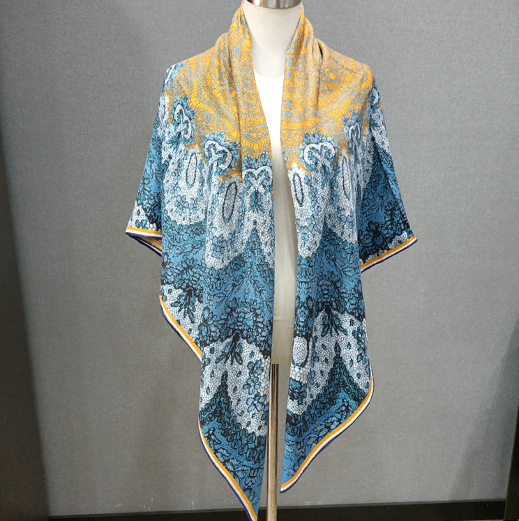 70% Cashmere 30% Silk Double-Faced Circular Grid Print Bandana Scarf 53 Inch