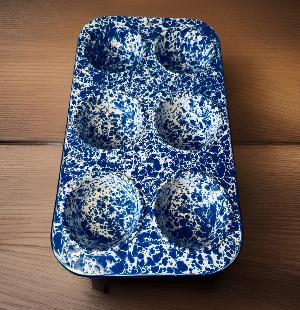 Beautiful Vintage Blue & White Speckled Enamel Graniteware Muffin Pan 12" Long