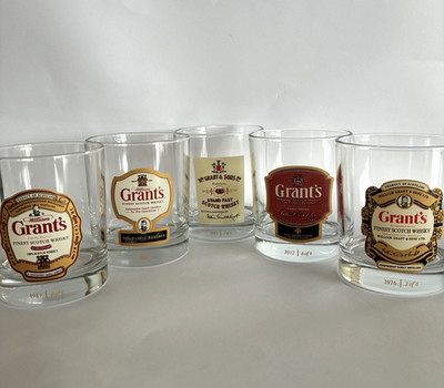 Grant's Scotch Whisky Tumbler Glass Set 5 Collectors Glasses Label Evolution