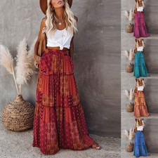 Women's Fashion Bohemian Print Elastic Waist Skirt Loose Casual High Waist Tie
