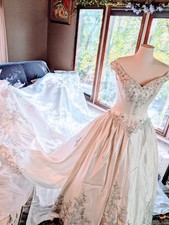 Ivory Silver Off Shoulder Satin Ball Gown Wedding Dress with Embroidery Train