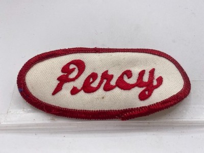 PERCY  USED EMBROIDERED VINTAGE SEW ON NAME PATCH TAGS OVAL RED ON WHITE