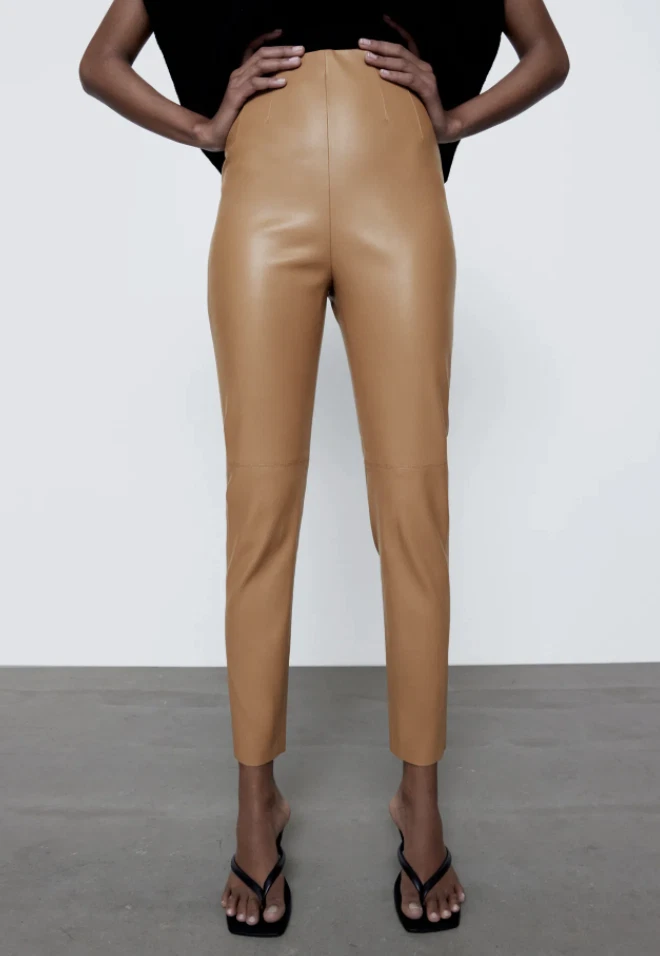 ZARA NEW WOMAN FAUX LEATHER HIGH-WAISTED LEGGINGS PANTS CAMEL 8372/061 M L