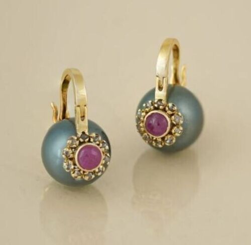 Real Black Pearl Ruby Gemstone Pave Diamond 925 Sterling Silver Dangle Earring - Picture 2 of 8