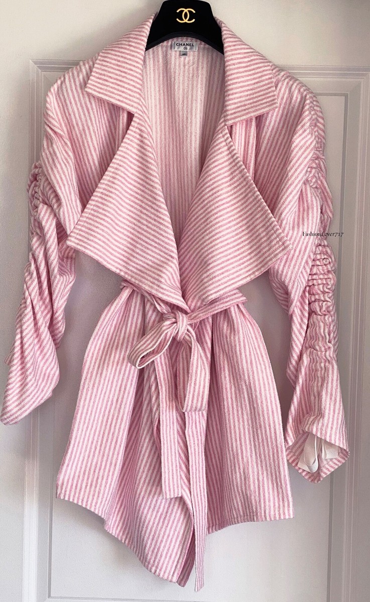 CHANEL 19C PAUSA PINK WHITE STRIPED TERRYCLOTH BELTED JACKET COAT