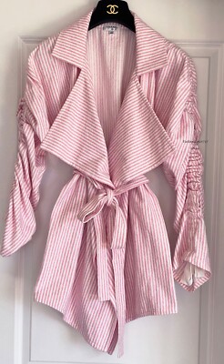 Rose様CHANEL　ノースリーブ　白×黒×ピンク　サイズ36　HR0593 CHANEL 19C PAUSA PINK WHITE STRIPED TERRYCLOTH BELTED JACKET COAT