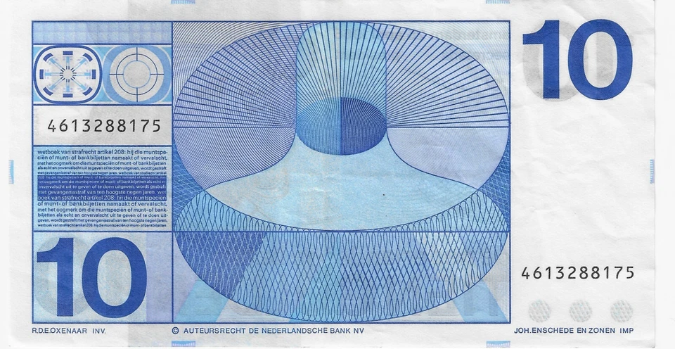 Банкнота Нидерландов номиналом 10 гульденов 1968 P-91b легкая бывшая в обращении - Изображение 2 из 2
