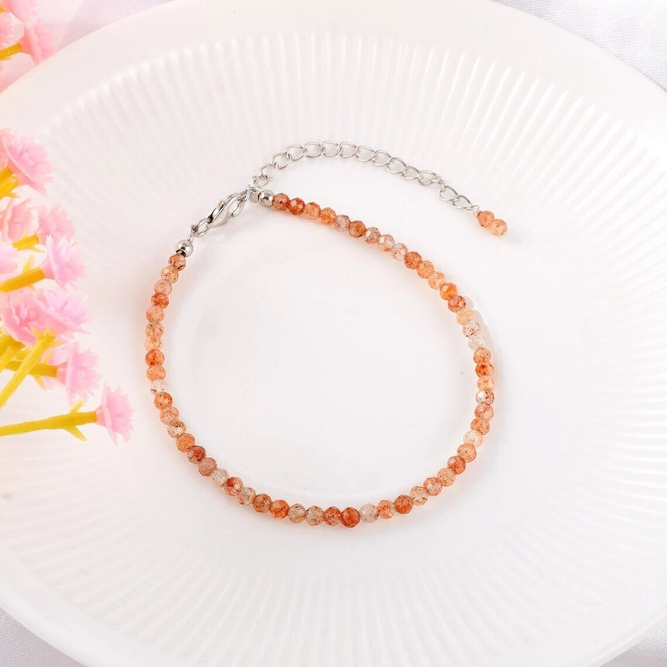 A+++ Hermosas pulseras de cuentas de piedras preciosas redondas facetadas de piedra solar de 6-8"" Foto 3 de 4