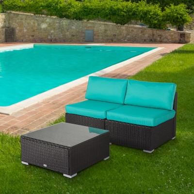 Blue 3pcs Loveseat Kinbor Rattan Patio Outdoor Furniture Set Garden Lawn Sofa Sectional Set