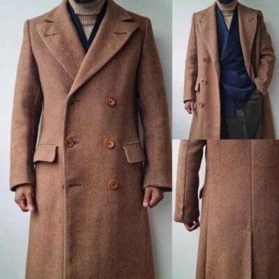Herren Fischgräte Doppelreihiger Mantel Tweed Braune Jacke Breit Winter Lang - Bild 1 von 4
