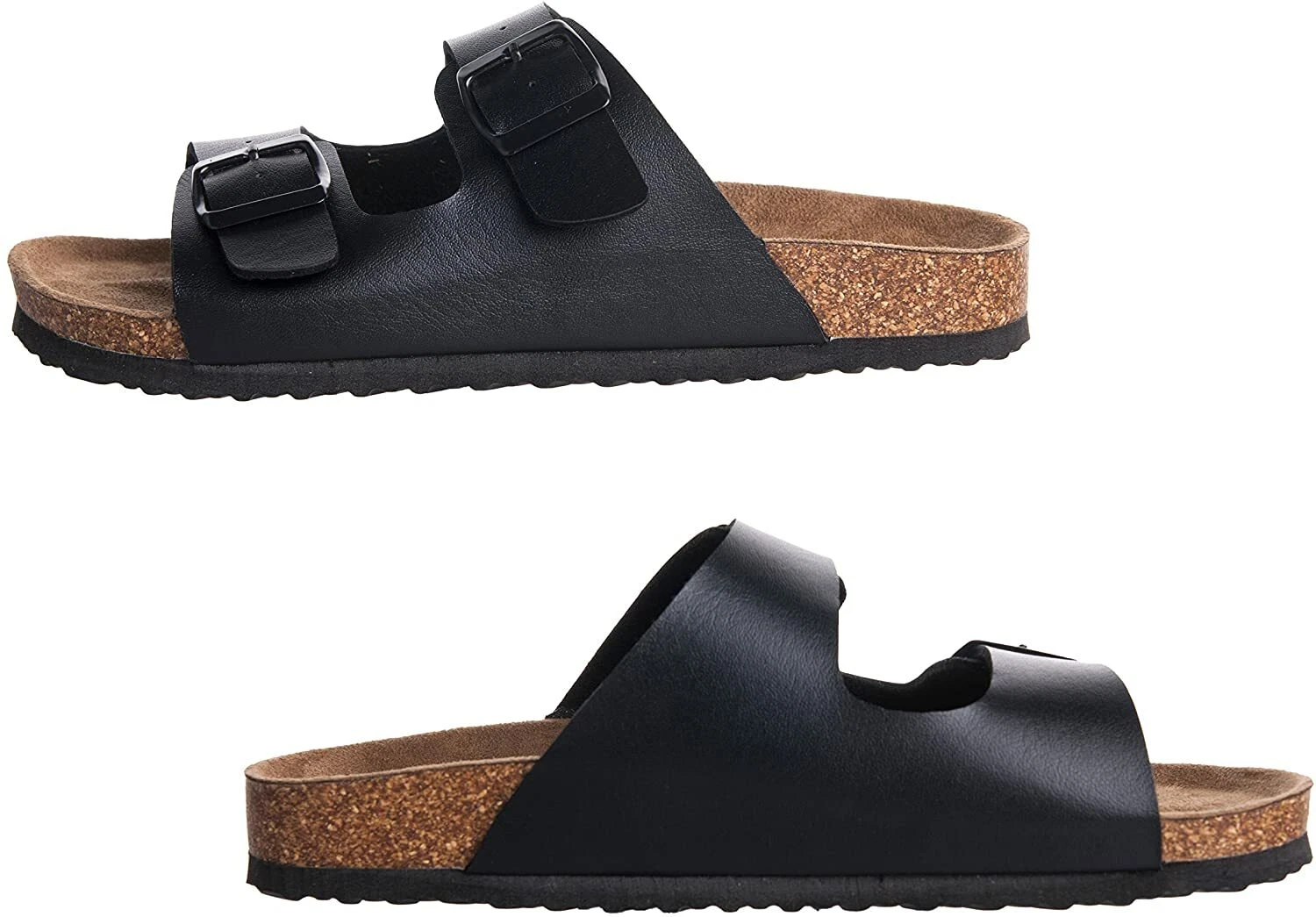 Men's Arizona Black 2-Strap Platform Sandals, Slid-on Cork Footbed Slippers