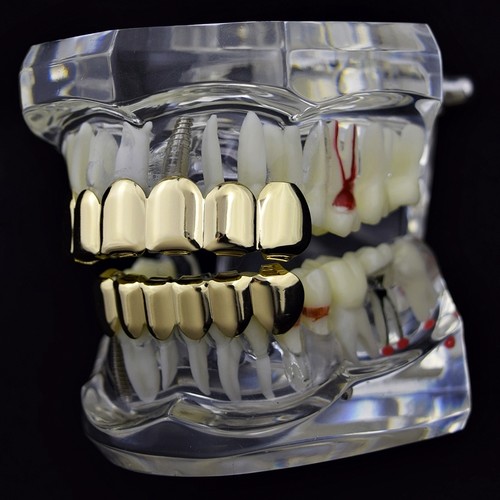 Juego de 6 dientes lisos lisos lisos enchapados en oro Grillz de seis parrillas bucales Hip Hop - Imagen 4 de 6
