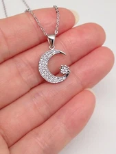 925 Sterling Silver Crescent Moon Sunburst Pendant Necklace CZ Women 14mm 16-18"