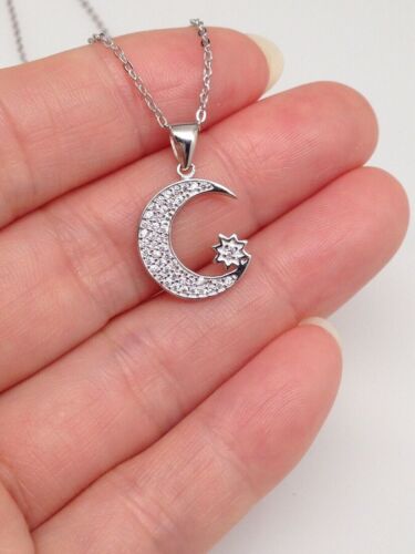 925 Sterling Silver Cz Sunburst Crescent Moon Pendant Necklace 14mm/0.55" 16-18"