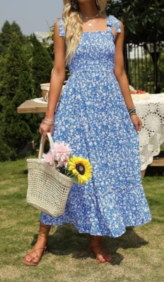 NWT S ZESICA Blue DAISY Boho MAXI Smocked SUN DRESS RUFFLE Floral  CottageCore | eBay